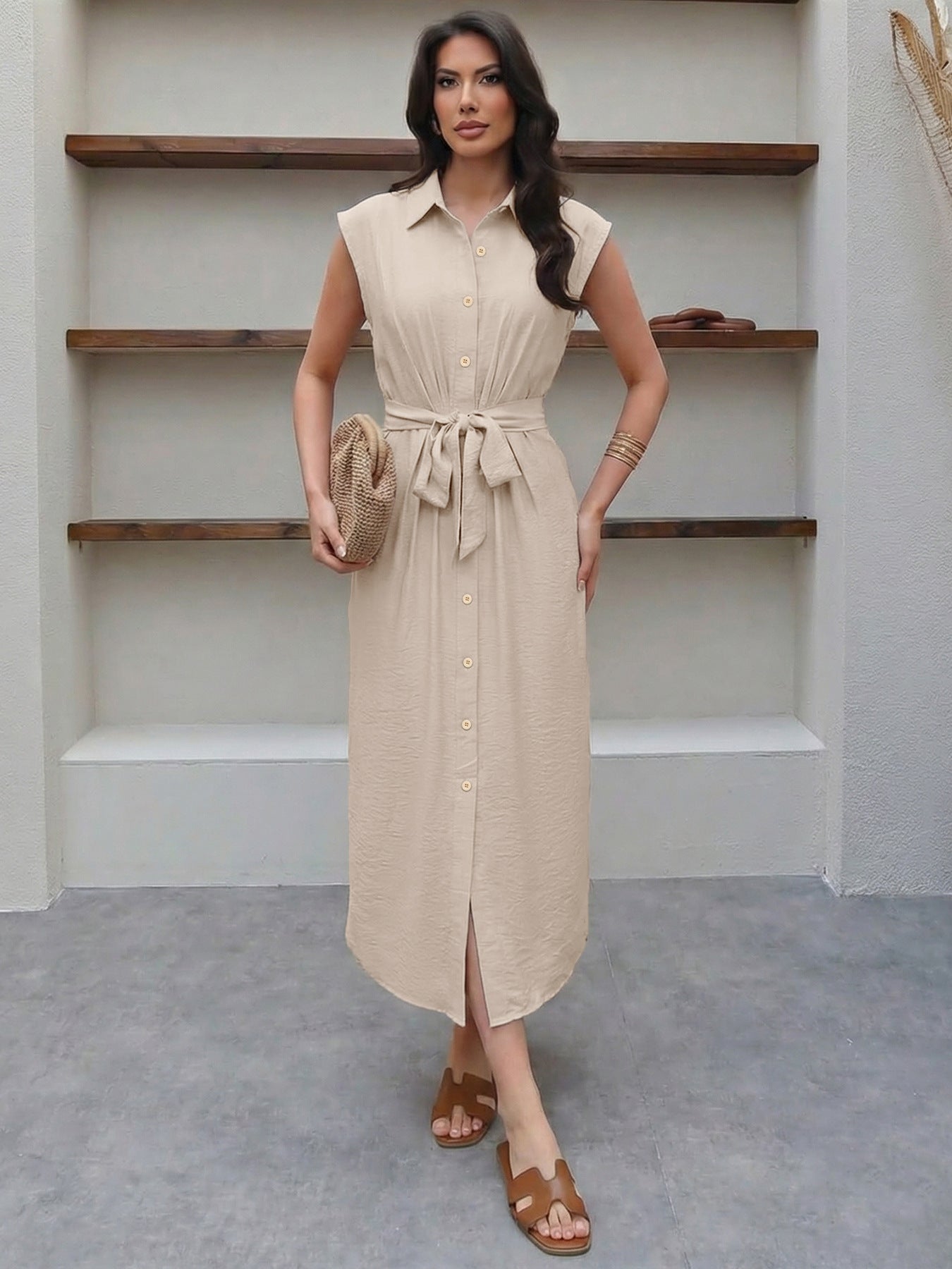 Belted Shirt Dress Midi Button Down Casual Summer Dress