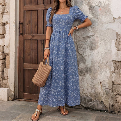 Floral Square Neck Puff Sleeve Maxi Dress Resort Style