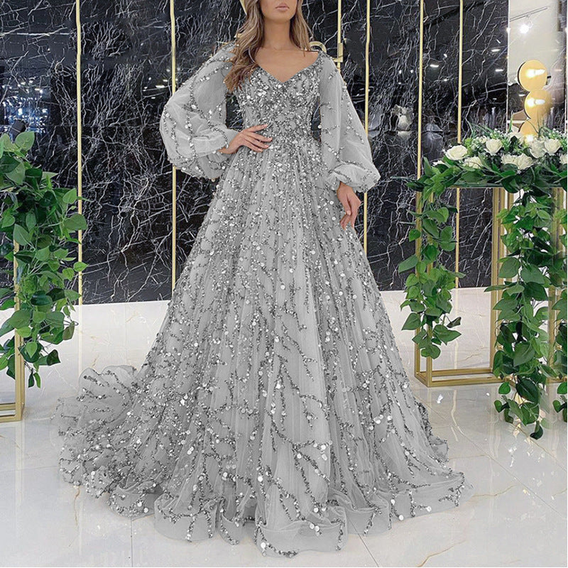 Women's Beaded V-Neck Puff Sleeve Formal Evening Gown