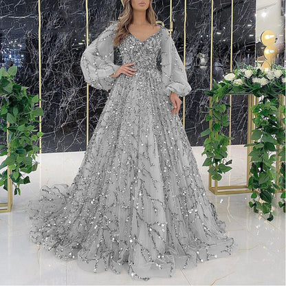 Women's Beaded V-Neck Puff Sleeve Formal Evening Gown