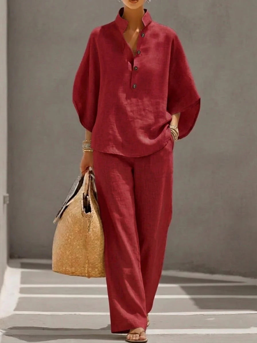 Womens Linen Blend Shirt & Wide Leg Pants Matching Set