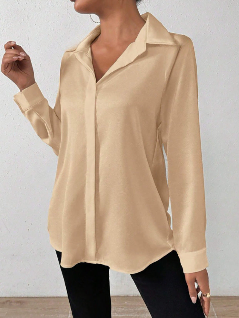 Women's Satin Long Sleeve Button Down Blouse