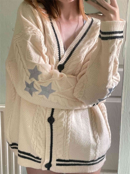 Women's Oversized Star Embroidered V-Neck Cardigan Sweater