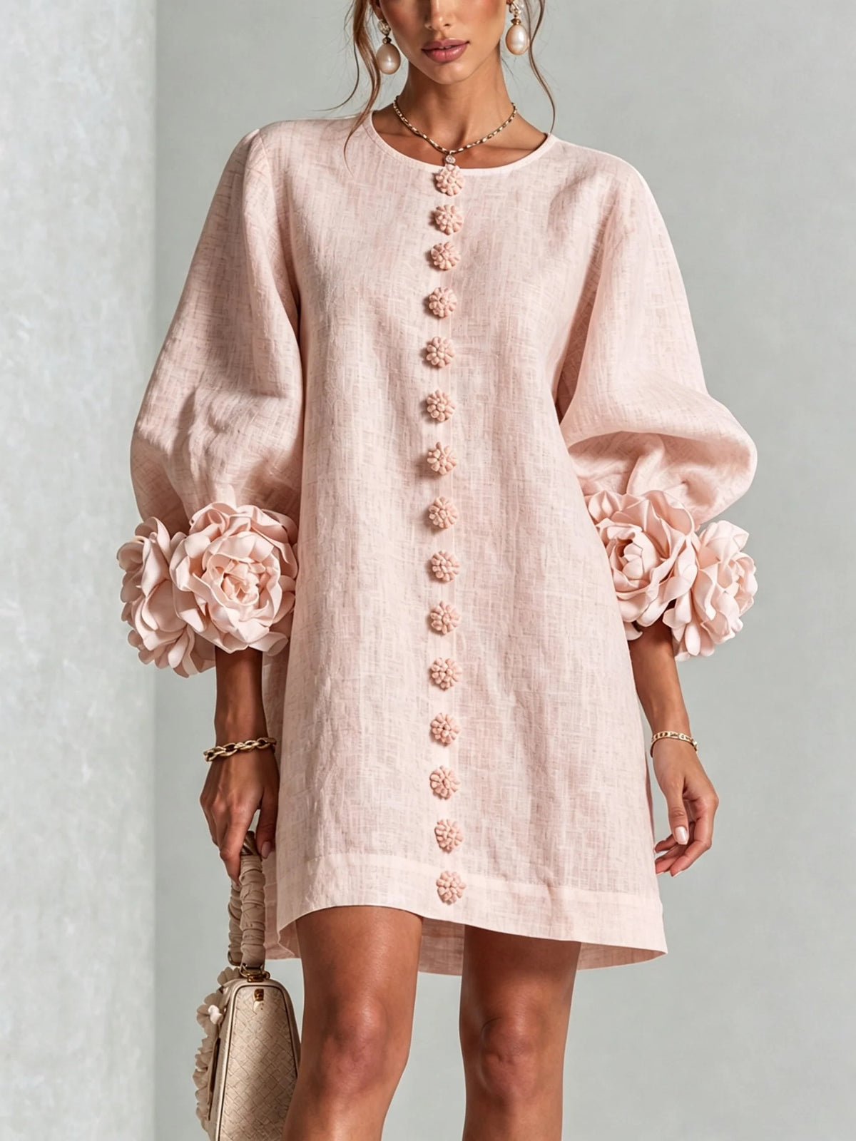 3D Floral Lantern Sleeve Mini Shift Dress