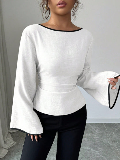 Women's Elegant Boat Neck Bell Sleeve Cinched Waist Blouse