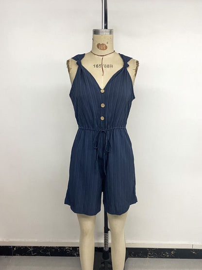 Textured V Neck Cami Romper Sleeveless Casual Jumpsuit