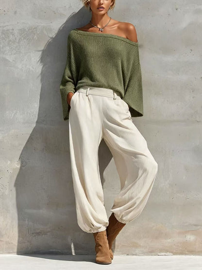 Women's Off Shoulder Knit Top & Wide Leg Pants Set
