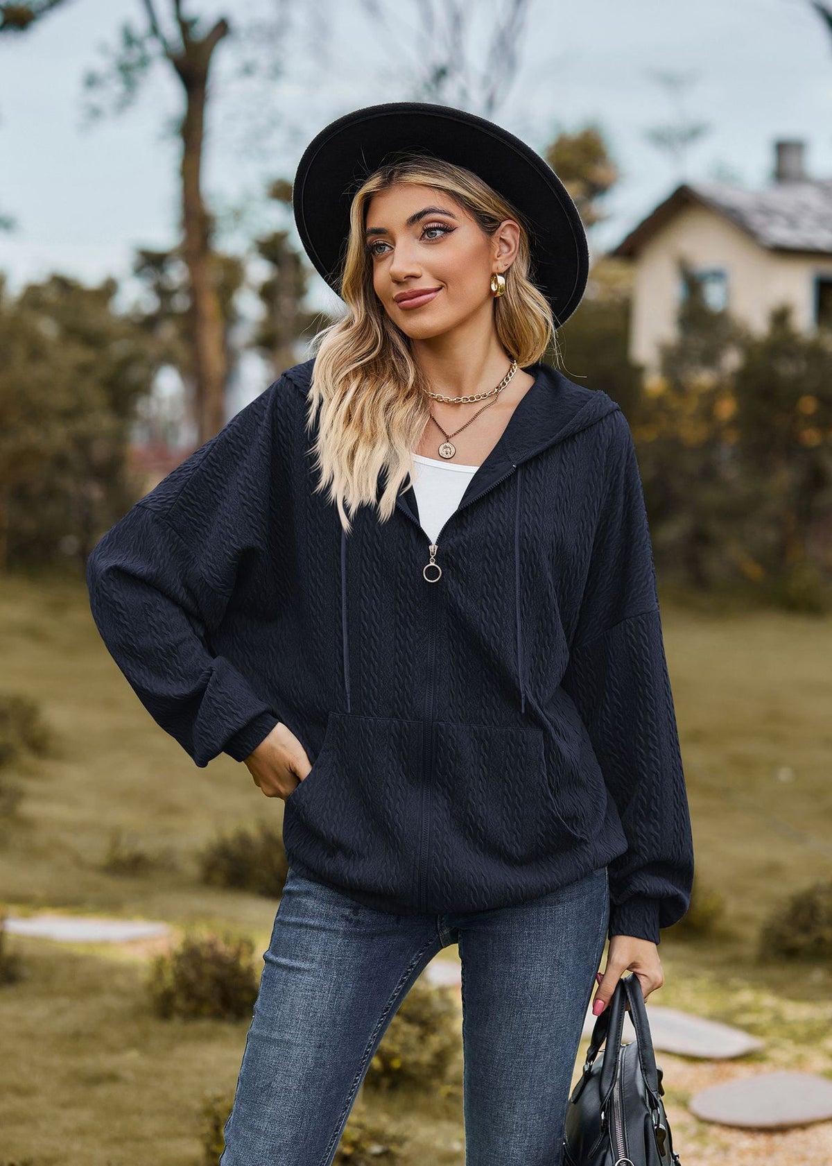Oversized Textured Zip-Up Hoodie Jacket Pockets