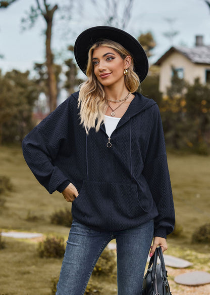 Oversized Textured Zip-Up Hoodie Jacket Pockets