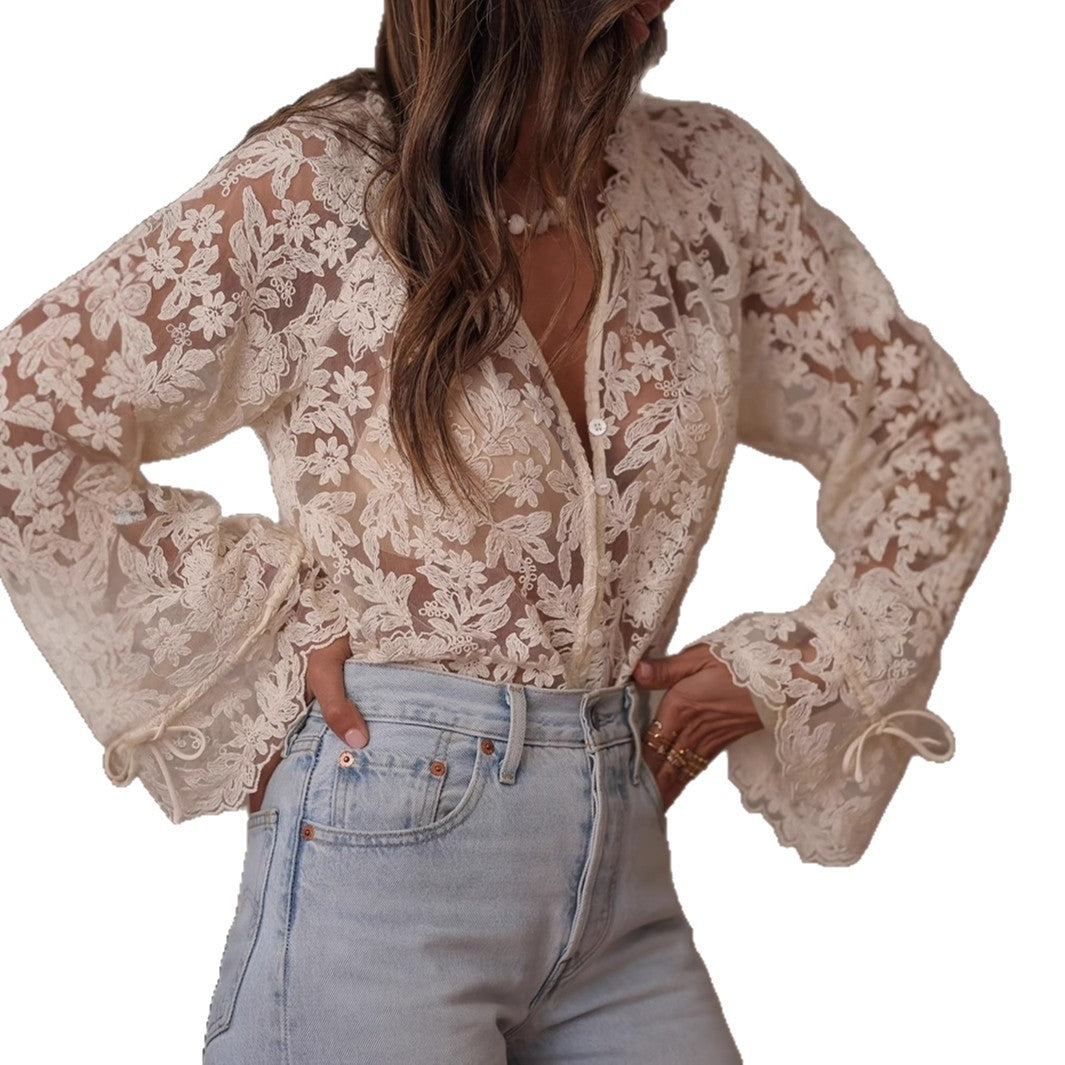 Women's Sheer Floral Lace Blouse Button Up Tie Sleeve