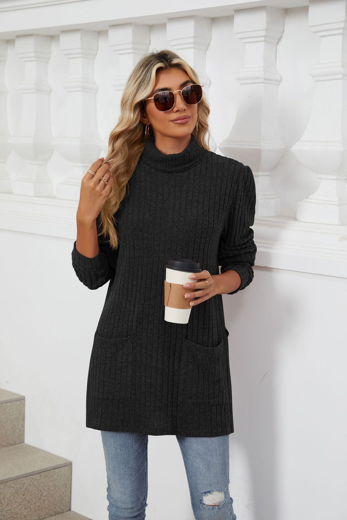 Women's Ribbed Mock Neck Long Sleeve Tunic with Pockets