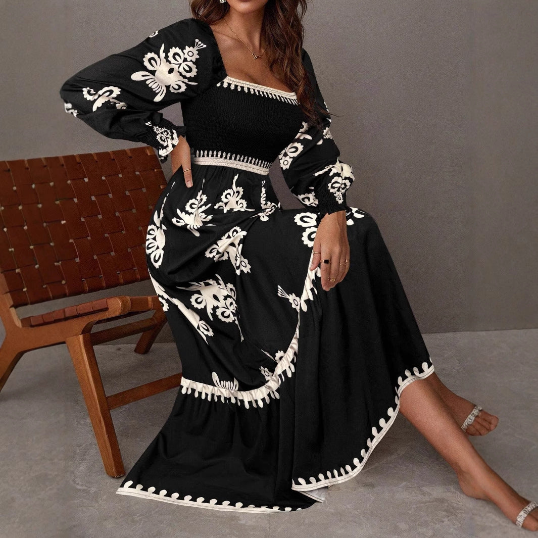 Square Neck Smocked Long Puff Sleeve Maxi Dress Boho Print