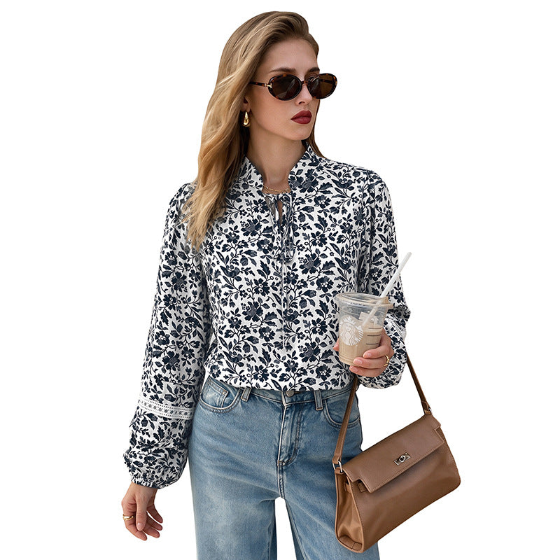 Floral Balloon Sleeve Tie Neck Blouse Women Casual Chic Top