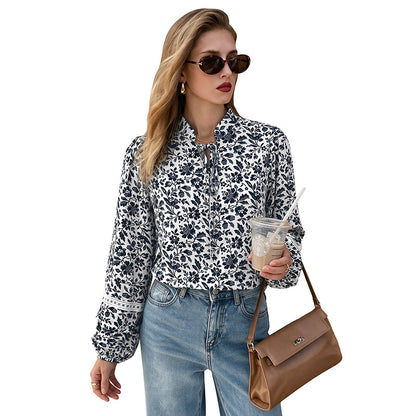 Floral Balloon Sleeve Tie Neck Blouse Women Casual Chic Top