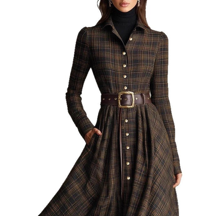 Belted Plaid Long Sleeve Maxi Shirt Dress