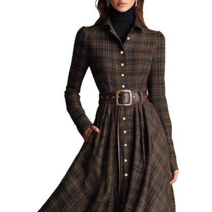 Belted Plaid Long Sleeve Maxi Shirt Dress