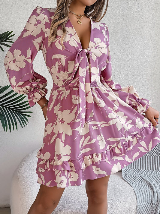 Floral V Neck Long Sleeve Ruffle Mini Dress