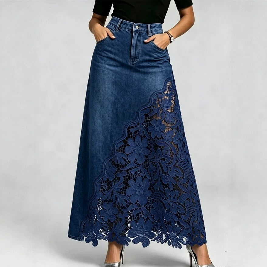 Women's Denim Lace Patchwork Maxi Skirt