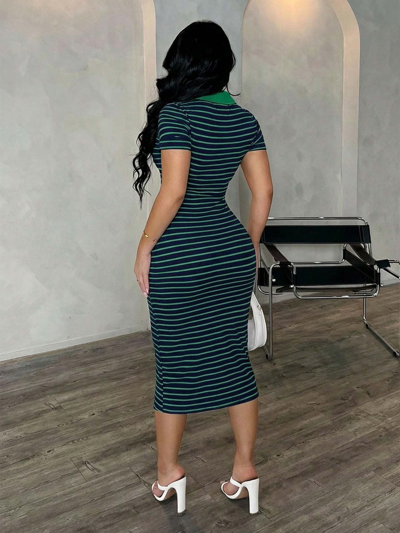 Polo Collar Stripe Bodycon Midi Dress Short Sleeve Casual