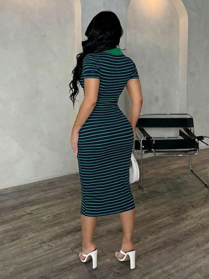Polo Collar Stripe Bodycon Midi Dress Short Sleeve Casual