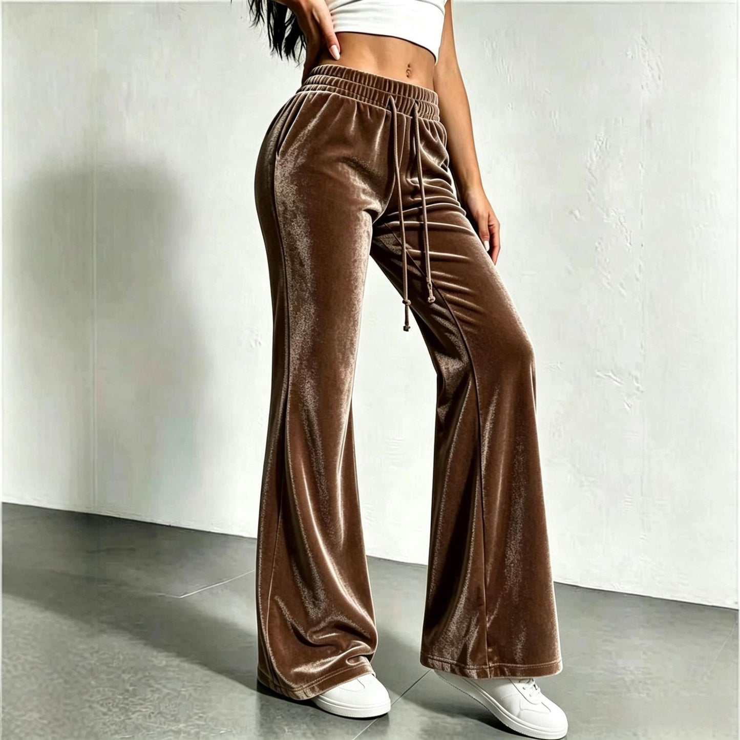 Women's Velvet High Waist Flare Pants Drawstring Casual