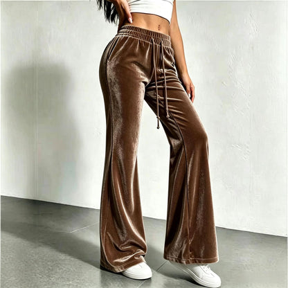 Women's Velvet High Waist Flare Pants Drawstring Casual