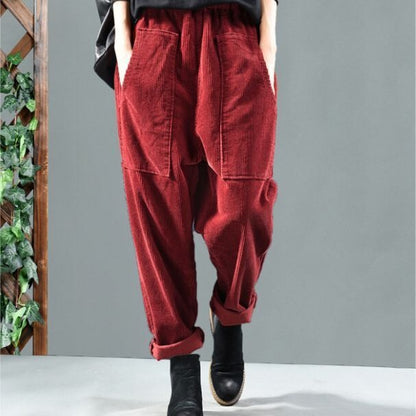 Women Corduroy Harem Pants High Waist Loose Pockets
