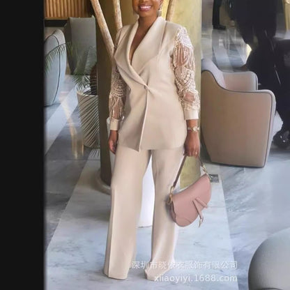 Women's Lace Sleeve Blazer & Pants Workwear Two Piece Set