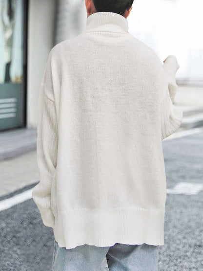 Women's Turtleneck Button-trimmed Irregular Medium and Long Sweater