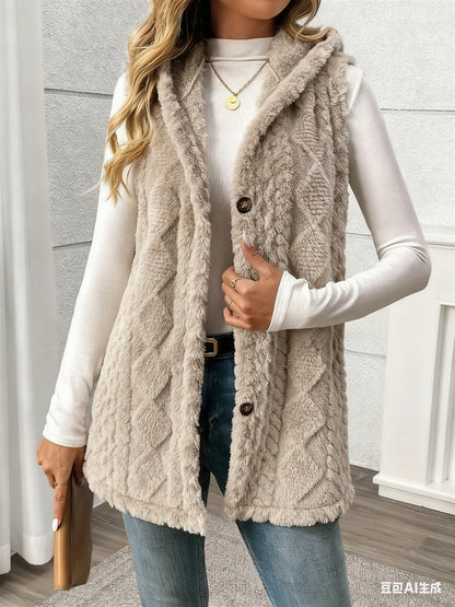 Women Sherpa Hooded Button Down Long Vest