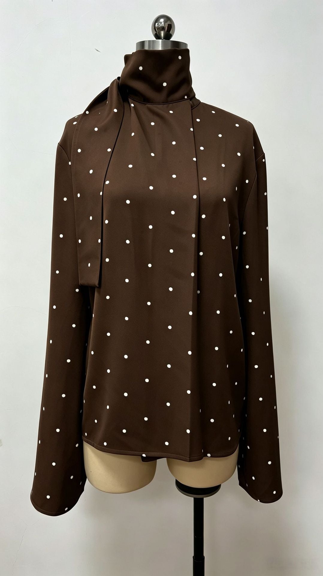 Women's Polka Dot Scarf Neck Blouse Long Sleeve Loose Fit