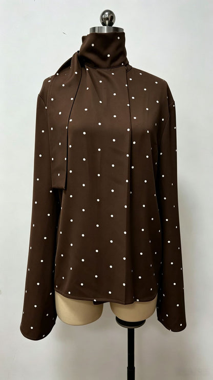 Women's Polka Dot Scarf Neck Blouse Long Sleeve Loose Fit