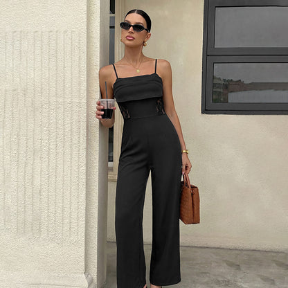 Black Lace Sheer Spaghetti Strap Wide Leg Jumpsuit