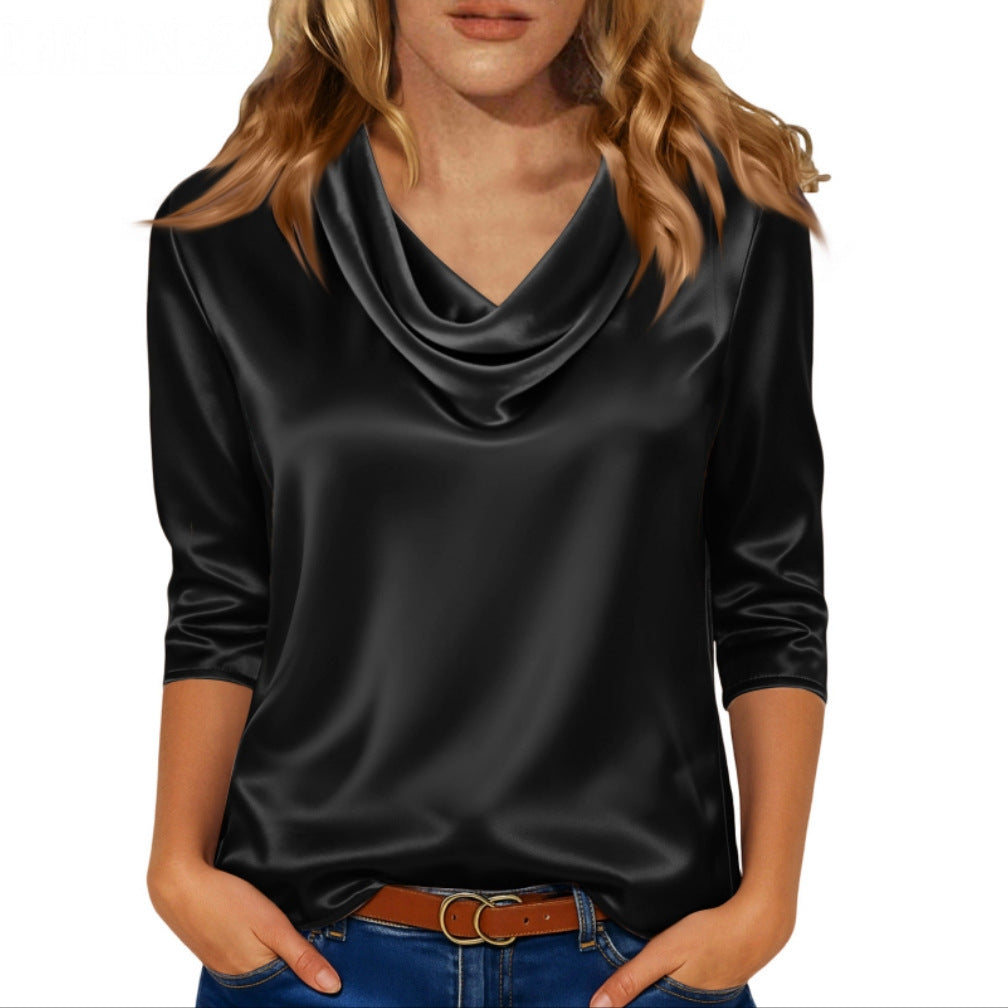 Women's Satin Cowl Neck Blouse 3/4 Sleeve Top