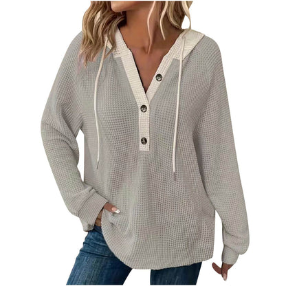 Women's Waffle Knit Color Block Henley Hoodie Long Sleeve