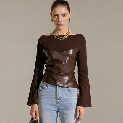 Women's Faux Leather Patchwork Bell Sleeve Fitted Top