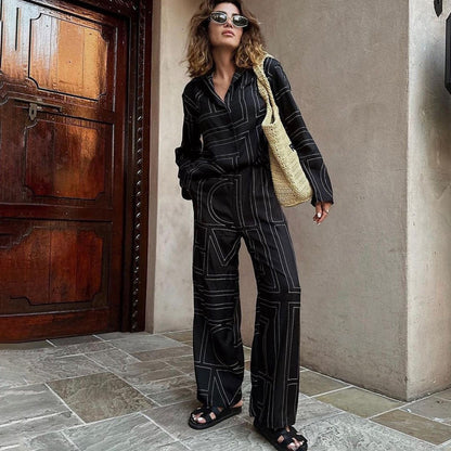 Women Satin Letter Print Lounge Set Button Shirt & Pants