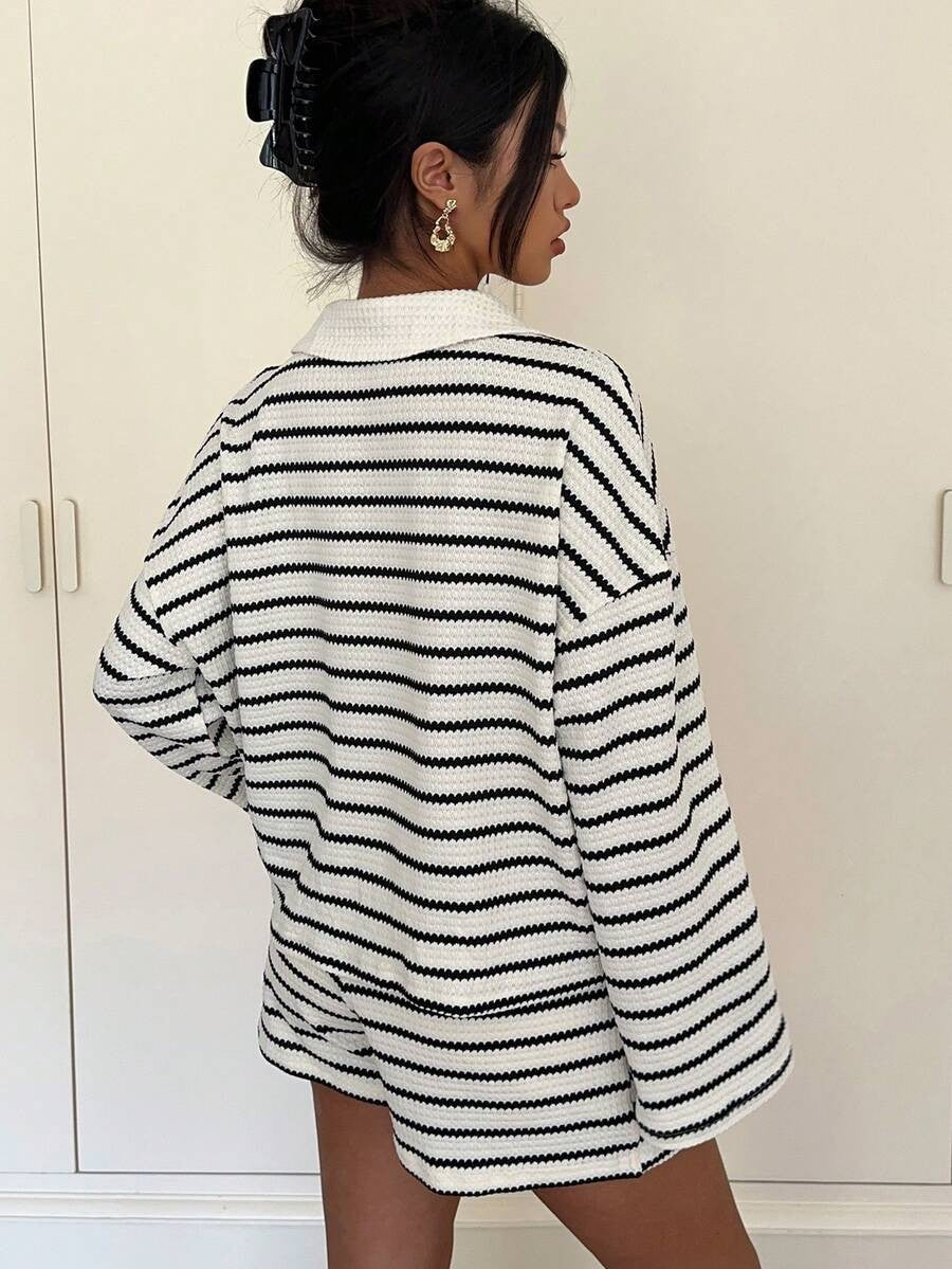 Striped Polo Lounge Set Long Sleeve Top & Shorts Set