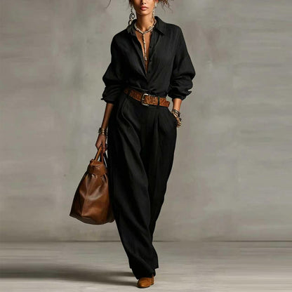 Women Two Piece Button Down Shirt & Pants Set