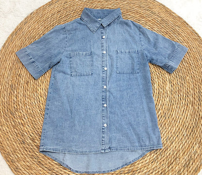 Loose Fit Denim Shirt Women Collared Short Sleeve Top