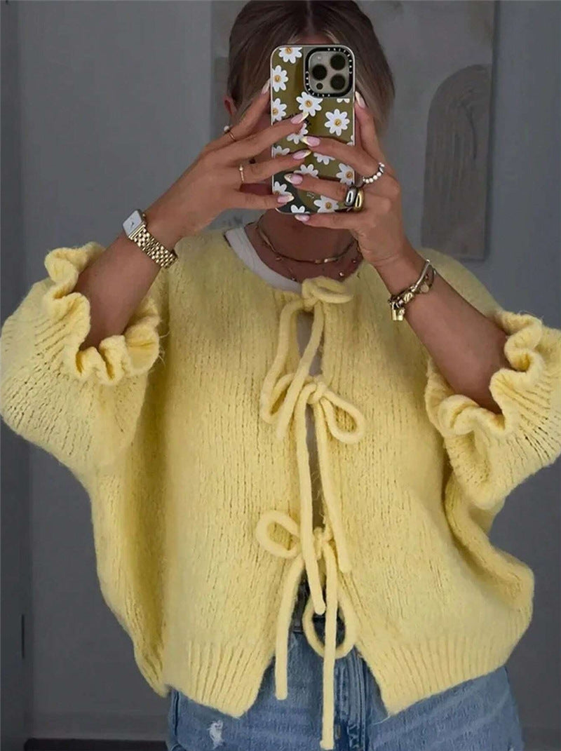 Women's Tie Front Knit Cardigan Ruffle Sleeve
