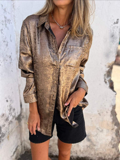 Women's Metallic Suede Button Down Shirt Long Sleeve Tunic