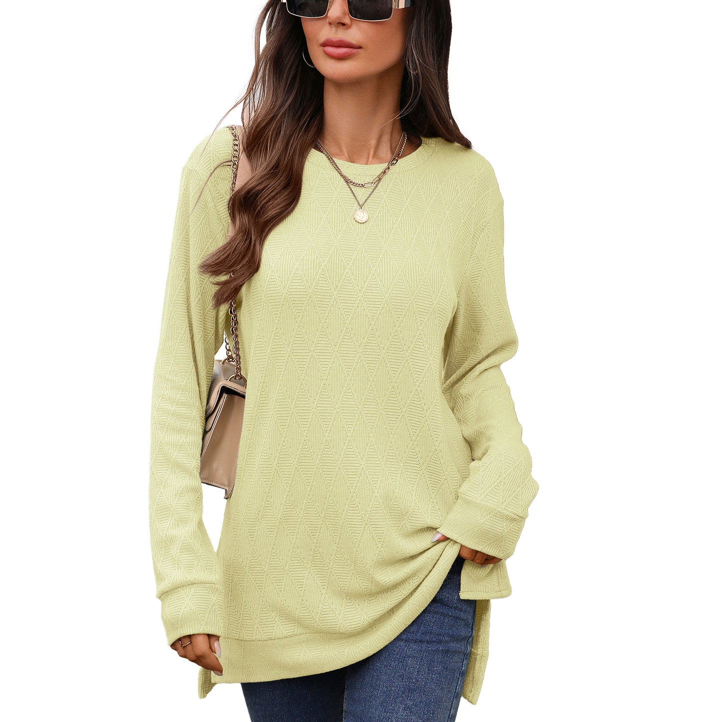 Women's Oversized Crewneck Long Sleeve Side Slit Top