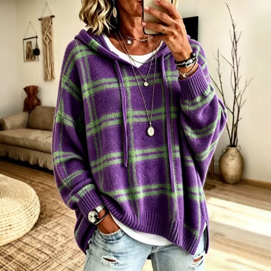 Women's Plaid Hooded Oversized Knit Pullover Sweater