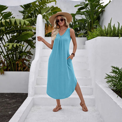 V Neck Sleeveless Pocket Midi Dress Casual Swing Sundress