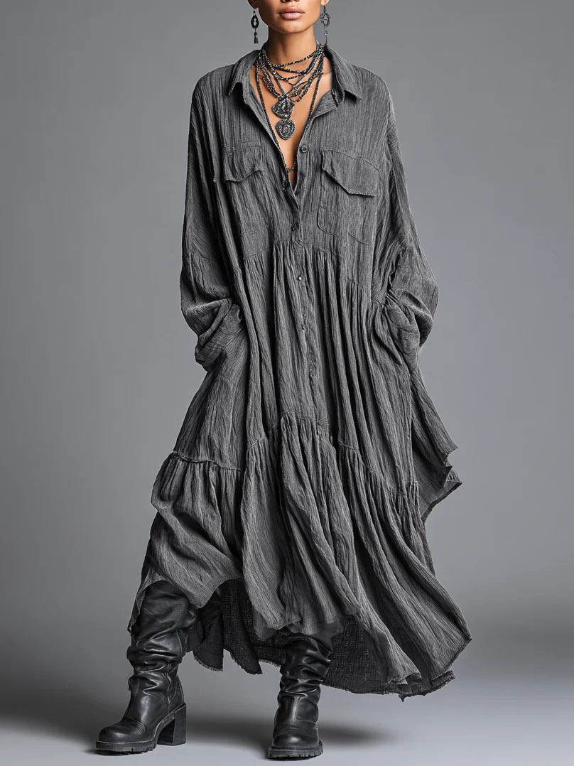 Oversized Pleated Maxi Shirt Dress Long Sleeve Vintage