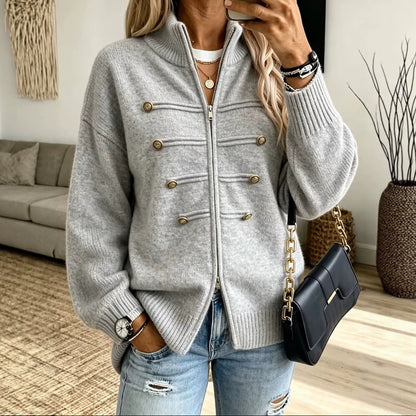 Womens Oversized Zip Up Cardigan Button Detail Mock Neck