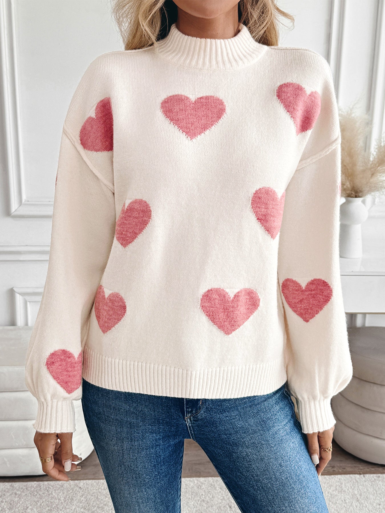 Heart Pattern Mock Neck Oversized Knit Sweater