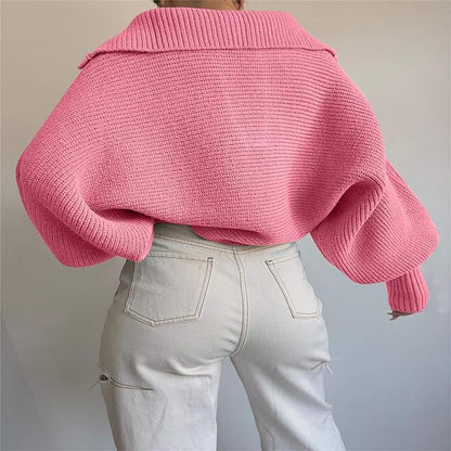 Oversized Collared V-Neck Knit Sweater Pullover