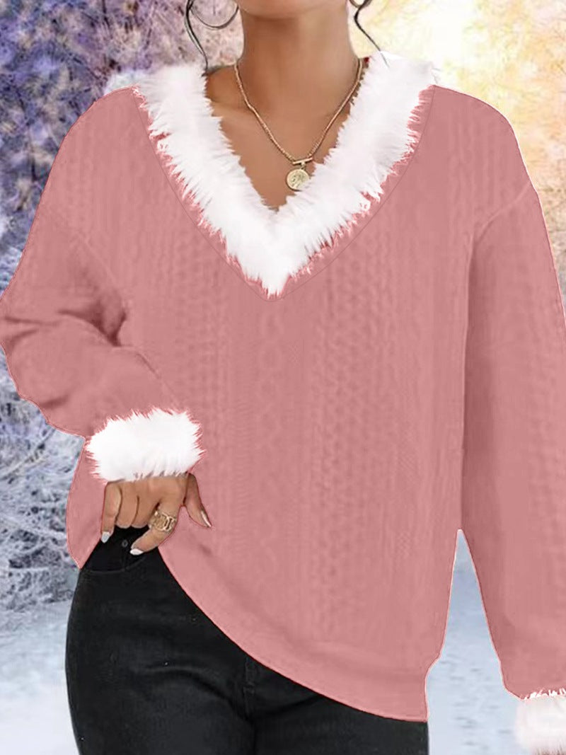 Women's Faux Fur V-Neck Cable Knit Christmas Sweater